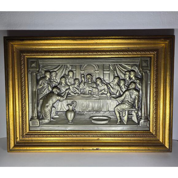Vintage Last Supper Metal Relief Wall Art Gold Tone Frame 20x14